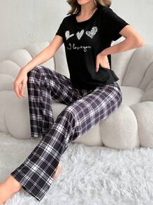 Heart & Letter Embossed T-Shirt And Plaid Long Pants Pajama Set - Black - View 4