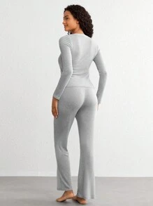 女士純色上衣和褲子家居套裝 - 灰色 - 查看 2