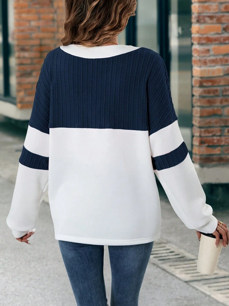 SHEIN LUNE Suéter Forrado Quente Com Gola V E Blocos De Cor Para Mulheres - Azul marinho - Ver 2