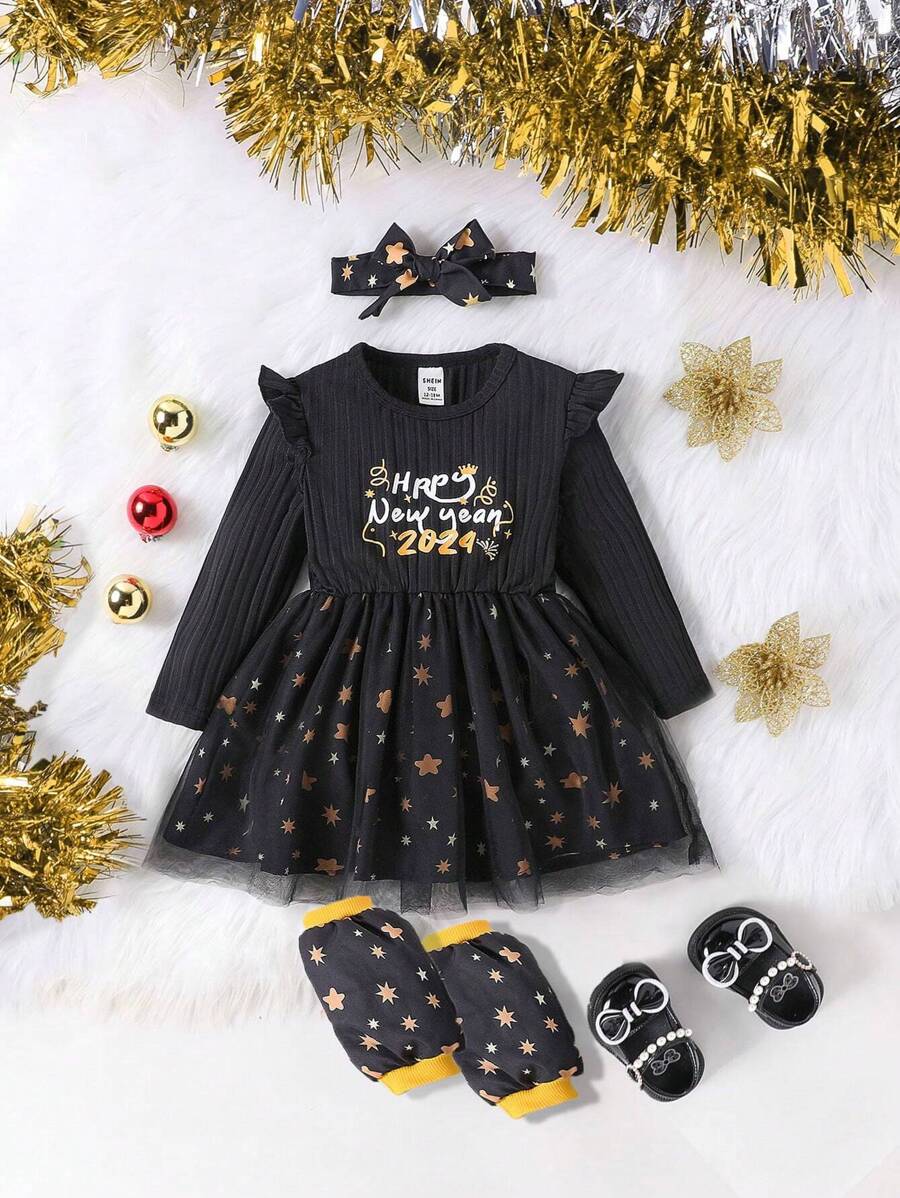 Gaun Bayi Perempuan Kontras Mesh Ruffle Rib-Knit Huruf Random Print - Hitam - View 1