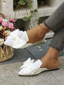 Ladies' Fashionable Bow Pointed Flat Sole Single Shoes, Comfortable One Foot Kick Toe Toe Slippers, Elegant Style, Spring And Summer Daily Wear, White Flat Shoes, White Slippers - 白色 - 查看 1