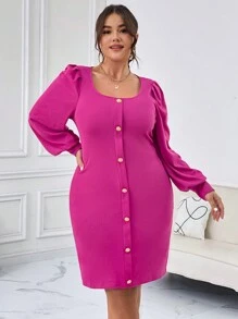SHEIN Privé Kích thước lớn Của phụ nữ Cổ vuông Tay áo lồng đèn Đầm - Hồng - Xem 6