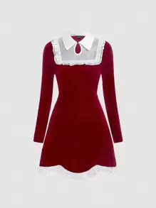 SHEIN MOD 女性彩色拼接襯衫領連衣裙 - 紅色 - 查看 1