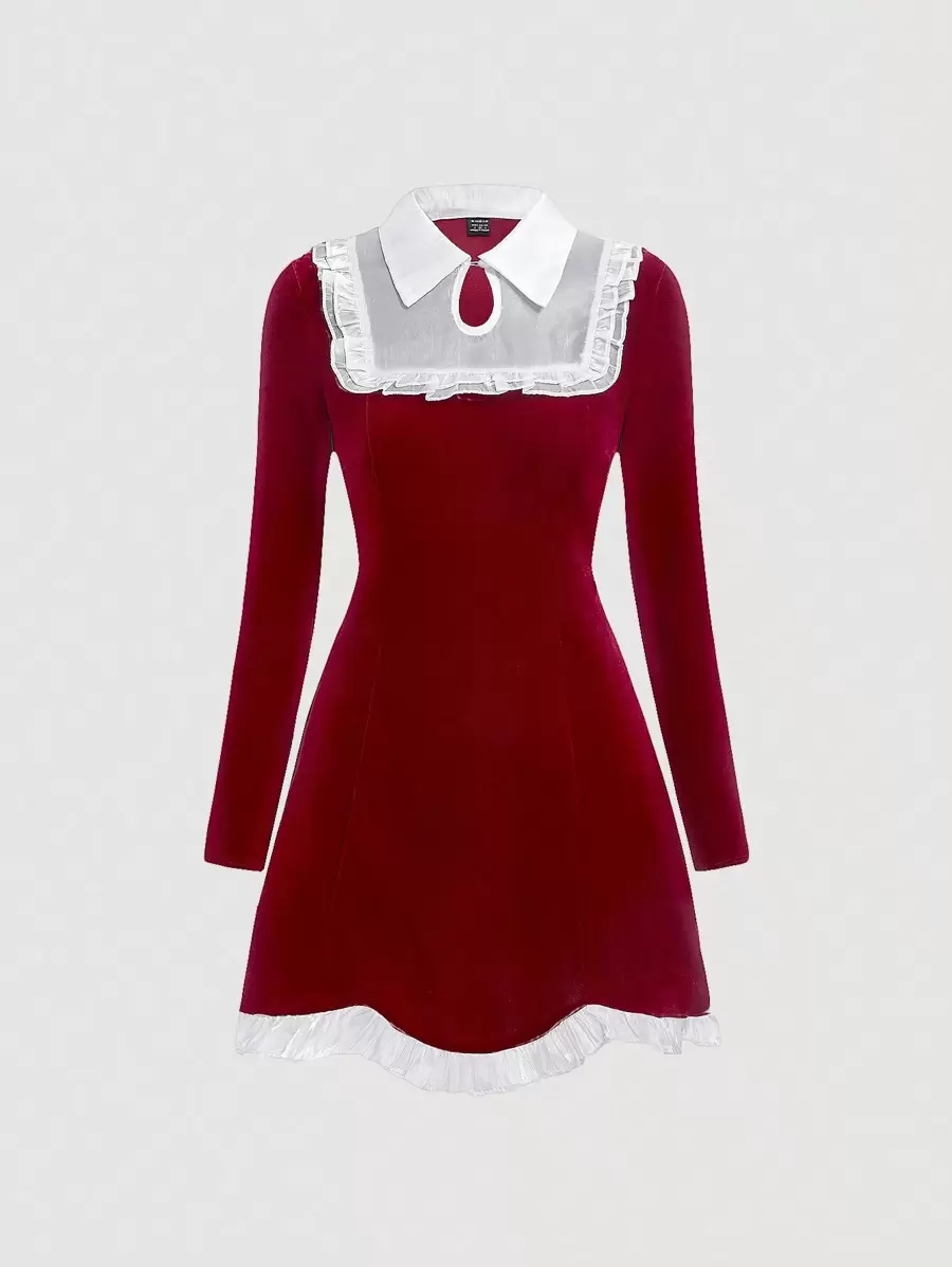 SHEIN MOD 女性彩色拼接襯衫領連衣裙 - 紅色 - 查看 1