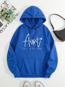 SHEIN EZwear 大码女式字母印花保暖内衬卫衣 - 藍色 - 查看 1
