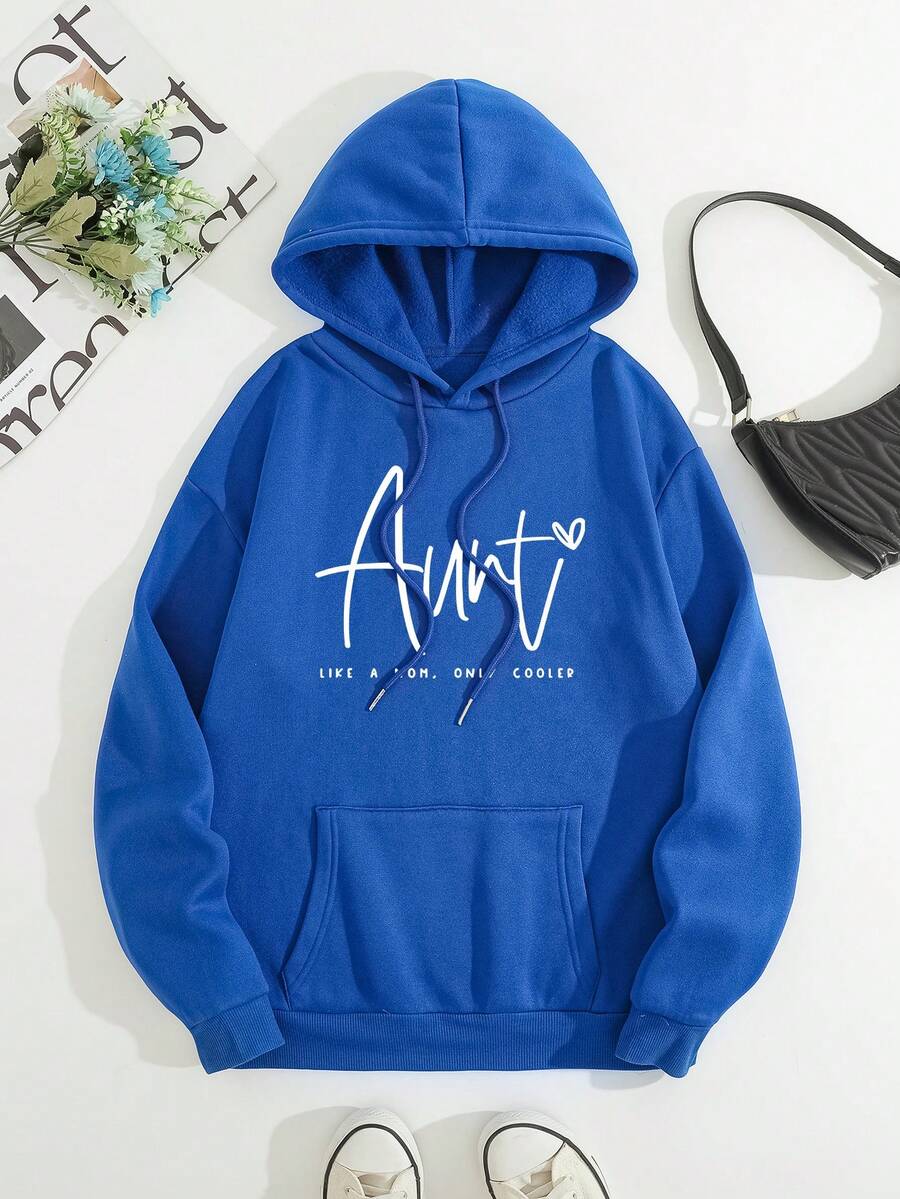 SHEIN EZwear 大码女式字母印花保暖内衬卫衣 - 藍色 - 查看 1