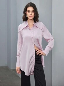 Anewsta Long Sleeve Satin Shirt - Pink - View 3