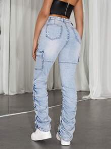 SHEIN ICON Washed Pleated Cargo Jeans - Blue - View 2