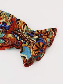 Women's Printed Frill Hem Off Shoulder Blouse With Ruffle Sleeves - Brown - View 4