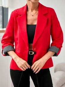 SHEIN Cottnline Striped Patchwork Roll-up Sleeve Blazer - Red - View 1