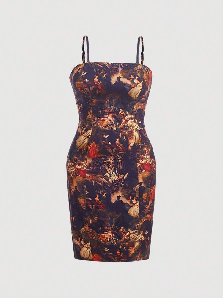 Plus Size Full Print Denim Cami Dress