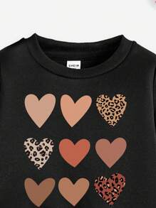 SHEIN Baby Girls' Casual Heart & Leopard Pattern Round Neck Sweatshirt And Pants Set, Suitable For Autumn & Winter - Black - View 3