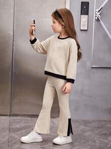 SHEIN 年輕女孩彩塊圓領長袖肋紋荷葉邊t卹和喇叭褲套裝 - 杏色 - 查看 4