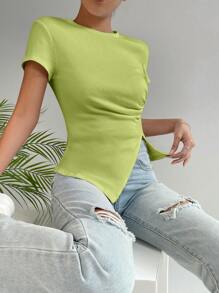 SHEIN Essnce 不對稱襯衫 T 恤,短袖 - 綠色 - 查看 7