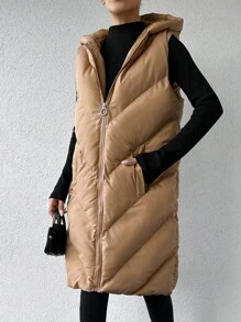 EURMUSE Women's Hooded Mid-length Vest - Camel - View 3