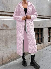 EURMUSE Dual Pocket Drop Shoulder Hooded Quilted Coat - Pink - View 1