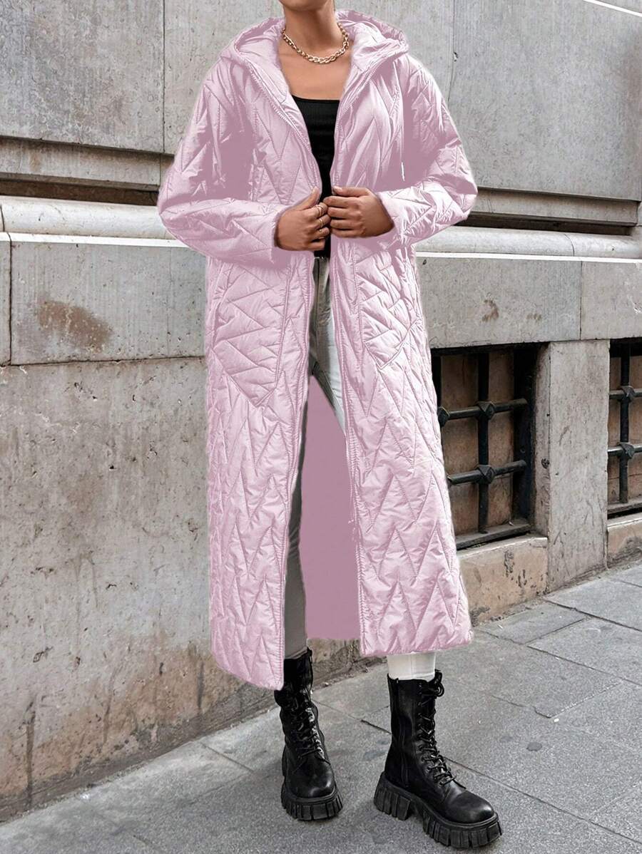 EURMUSE Dual Pocket Drop Shoulder Hooded Quilted Coat - Pink - View 1
