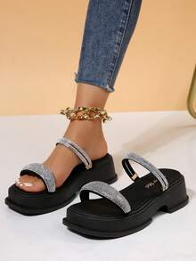 Women'S Fashionable Wedge Heel Thick Sole Sandals With Rhinestone Decoration And Peep Toe For Summer - Black - View 1