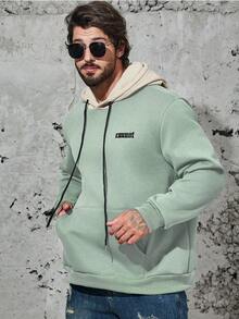 Manfinity Homme 男士字母刺繡袋狀連帽衣與色塊設計 - 薄荷綠 - 查看 6