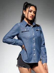 SHEIN EZwear Women'S Denim Top - Medium Wash - View 4