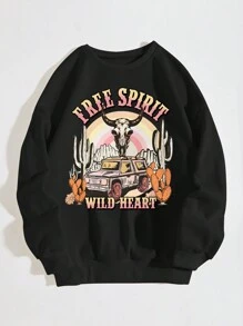 SHEIN EZwear Plus Size Cactus & Letter Print Fleece Sweatshirt - Black - View 1