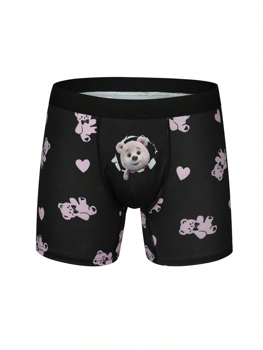 Men's Cartoon Bear And Heart Printed Boxer Shorts - Pink - View 1