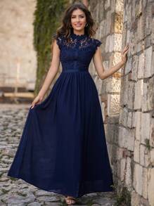 MIUSOL Robe de soirée en mousseline de soie avec corsage en dentelle contrastée et détail ruban - Bleu marine - Voir 2