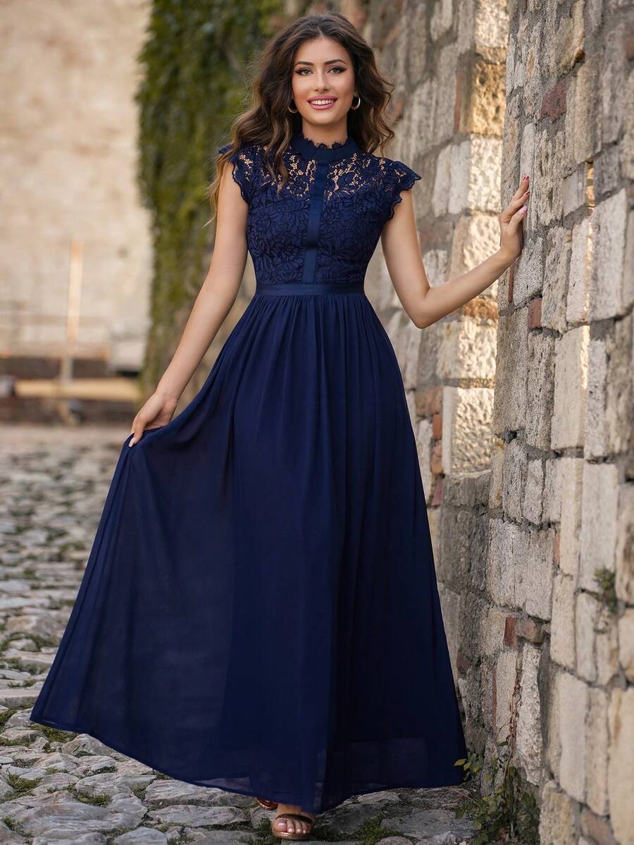 MIUSOL Robe de soirée en mousseline de soie avec corsage en dentelle contrastée et détail ruban