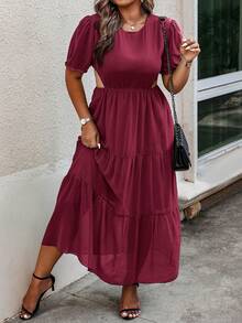 Robe Évidée À Manches Bouffantes De Grande Taille - Rouge foncé - Voir 4