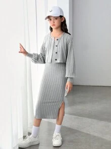 Tween Girl' Long Tank Dress Set With Kimono Sleeve Cardigan, Slit Hem - Light Grey - View 4