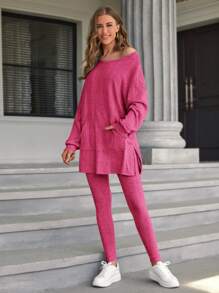 SHEIN Essnce 袋鼠口袋t恤與緊身褲2件套 - 玫紅色 - 查看 1