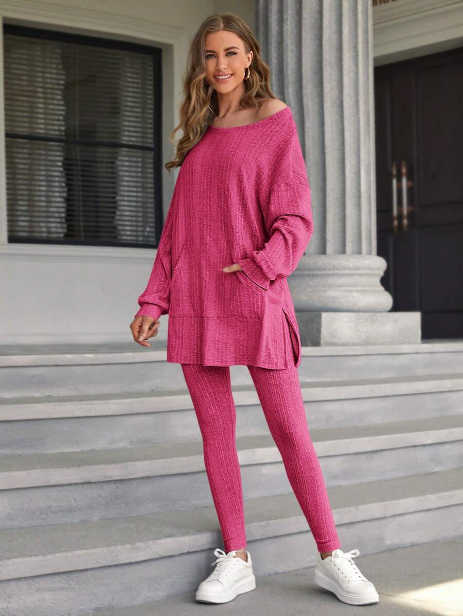 SHEIN Essnce 袋鼠口袋t恤與緊身褲2件套 - 玫紅色 - 查看 1