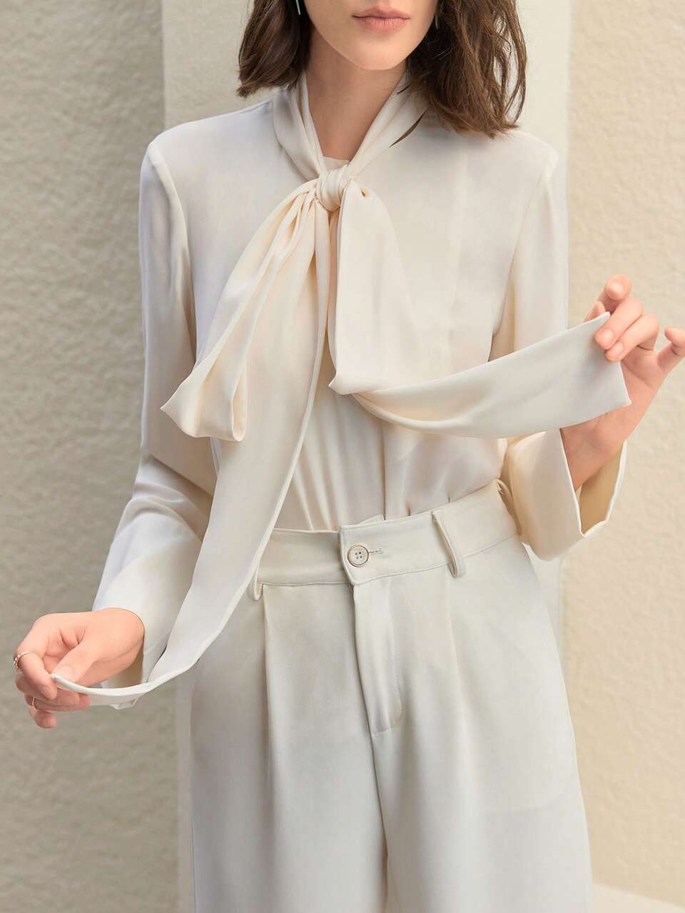 Solid Color Collared Tie Belt Shirt