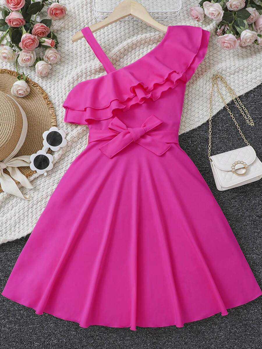 Teen Girls' Asymmetrical Neckline Halter Belted Dress With Ruffle Hem - Hot Pink - View 1