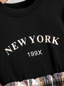 SHEIN 女童字母印花t卹+格紋a字裙套裝 - 黑色 - 查看 4