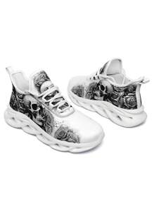 男款哥德風骷髏印花跑步鞋,配有刀鋒底,舒適、透氣、輕便、耐磨、吸震和柔軟底部,非常適合戶外活動 - 黑與白 - 查看 4