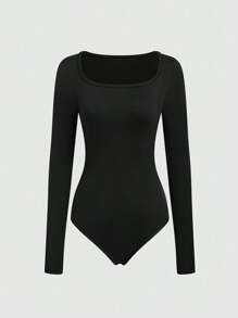 Sweetra Solid Color Long Sleeve Bodysuit - Coffee Brown - View 4