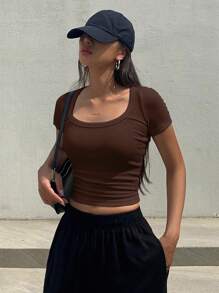 DAZY Solid Color Pleated Tight Short Sleeve T-Shirt,Crop Tops Women Preppy Tops - Brown - View 3