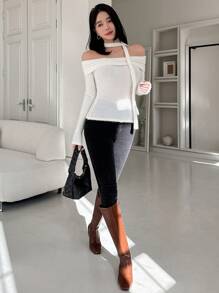 DAZY 女士露肩长袖T恤外出上衣 - 白色 - 查看 8