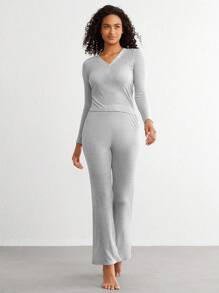 女士純色上衣和褲子家居套裝 - 灰色 - 查看 7