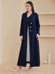 Al Najma 女式不对称领口连衣裙，带外露接缝，穆斯林时尚长袍，适合休闲/节日/聚会/旅行 - 藏蓝色 - 查看 4