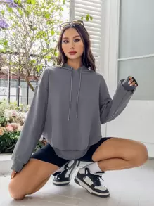 SHEIN EZwear 女士鬆身連帽衫,背面印有龍紋 - 霧霾藍 - 查看 2