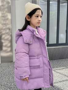 SHEIN Tween Girl 单件翻盖口袋连帽夹棉大衣 - 紫色 - 查看 5