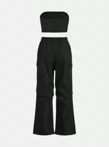 SHEIN 2入組實色背心和長褲,適用於十幾歲的女孩 - 黑色 - 查看 2