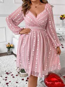 Flirla Kích thước lớn Bọc Cái cổ Tay áo lồng đèn In hoa Đầm - Hồng - Xem 4