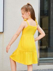 SHEIN Nhỏ bé Cô gái Đan Màu thuần Bowknot Dây đeo Váy dây treo , Hoàn hảo Đối với Kỳ nghỉ - Màu vàng - Xem 2