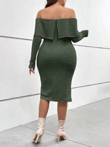 SHEIN Privé 大尺寸純色露肩長袖修身連身裙 - 墨綠色 - 查看 2