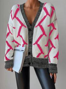EURMUSE Graphic Contrast Binding Cardigan - Hot Pink - View 3