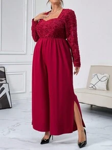 SHEIN Privé 女士加大码心形领口宽腿连体裤 - 酒紅色 - 查看 6