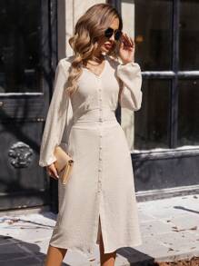 SHEIN Clasi V領氣球袖上衣和裙子套裝 - 杏色 - 查看 4